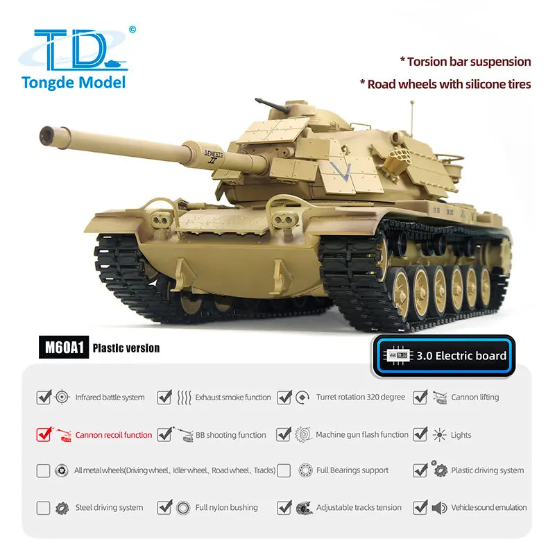 Tongde 1/16 RC Battle Tank M60A1 ERA USA Remote Control Armored Vehicle BB Infrared Battle Toy RTR 320 Degrees Model