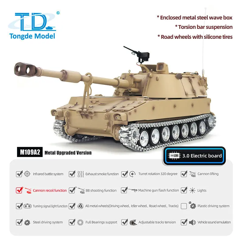 Tongde 1/16 Scale M109A2 RC Military Tank Self-propelled Howitzer Metal Wheels Optinal Ver BB Shooting Barrel Recoil Assembled