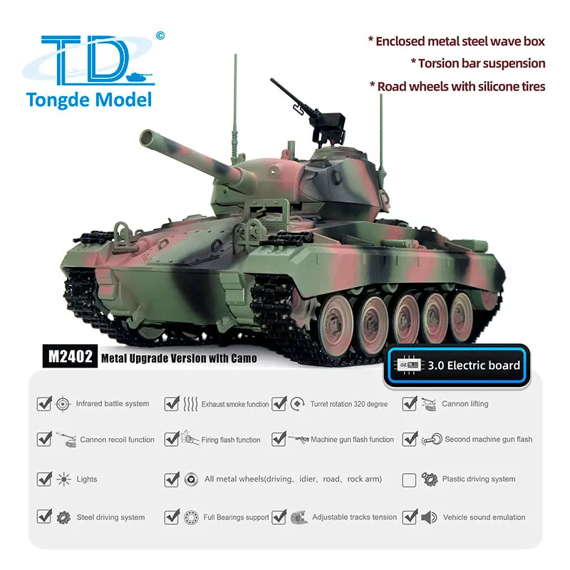 Tongde M24 Chaffee 1/16 RC Light Tank Infrared Combating System Military Model Barrel Recoil Metal Upgraded Wheels Gearbox 320