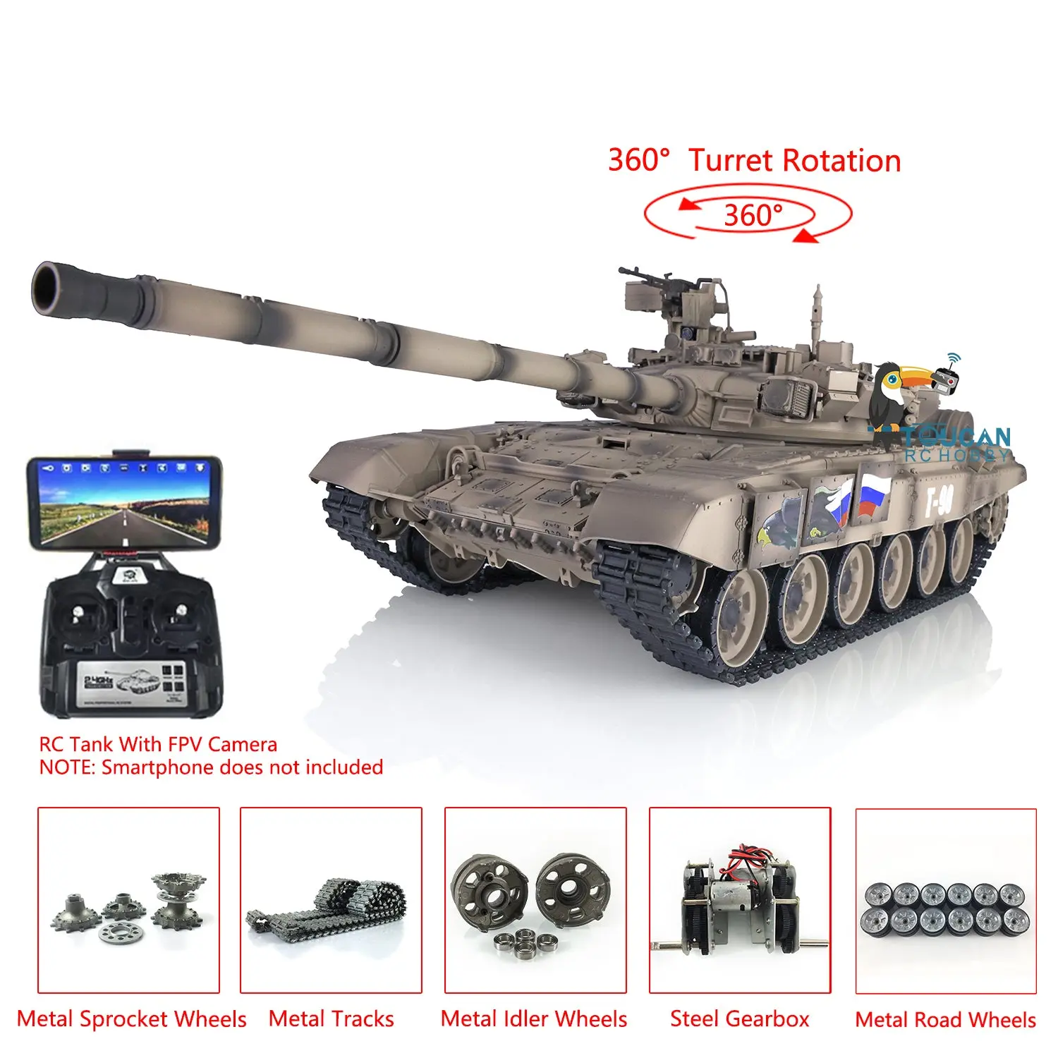 Henglong 7.0 Customized FPV Russian T90 1/16 RTR RC Tank 3938 Model 360Degrees Turret Metal Tracks Wheels IR BB Shooting Unit