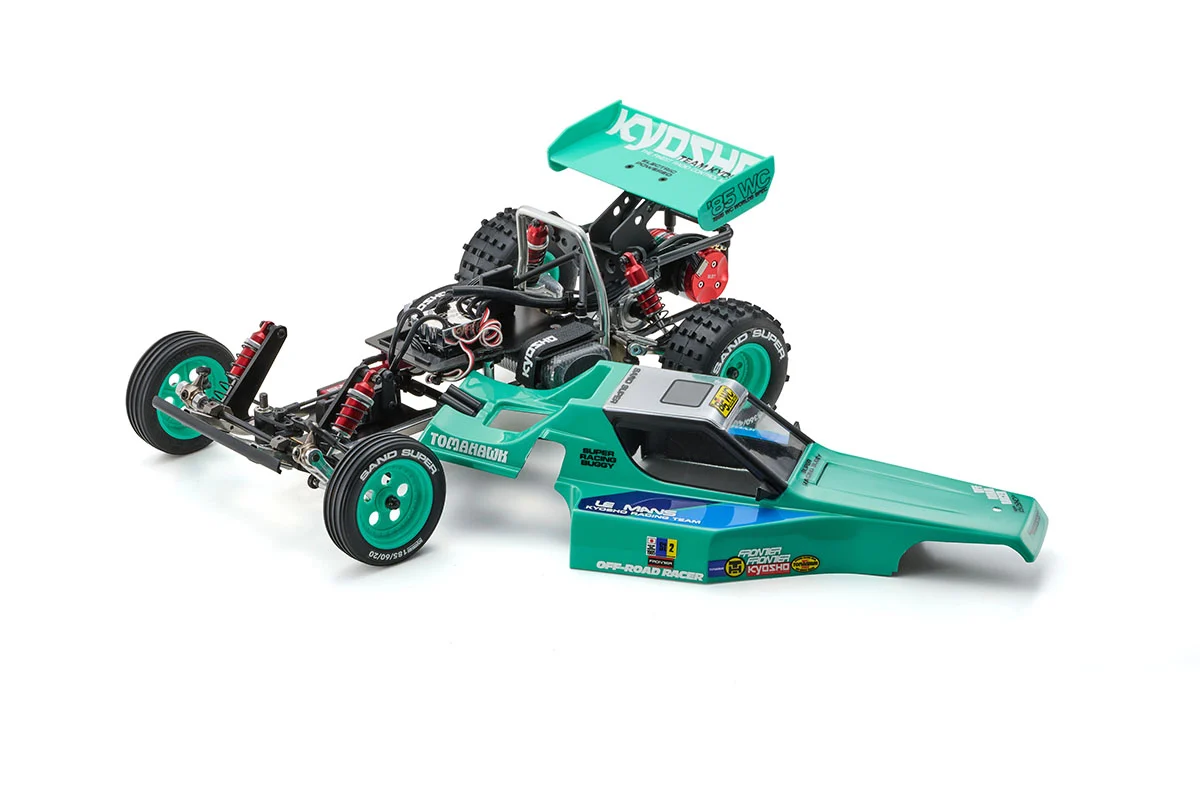 Kyosho Tomahawk '85 WC Worlds Spec with peppermint green body lifted from the rolling chassis to show drivetrain detail