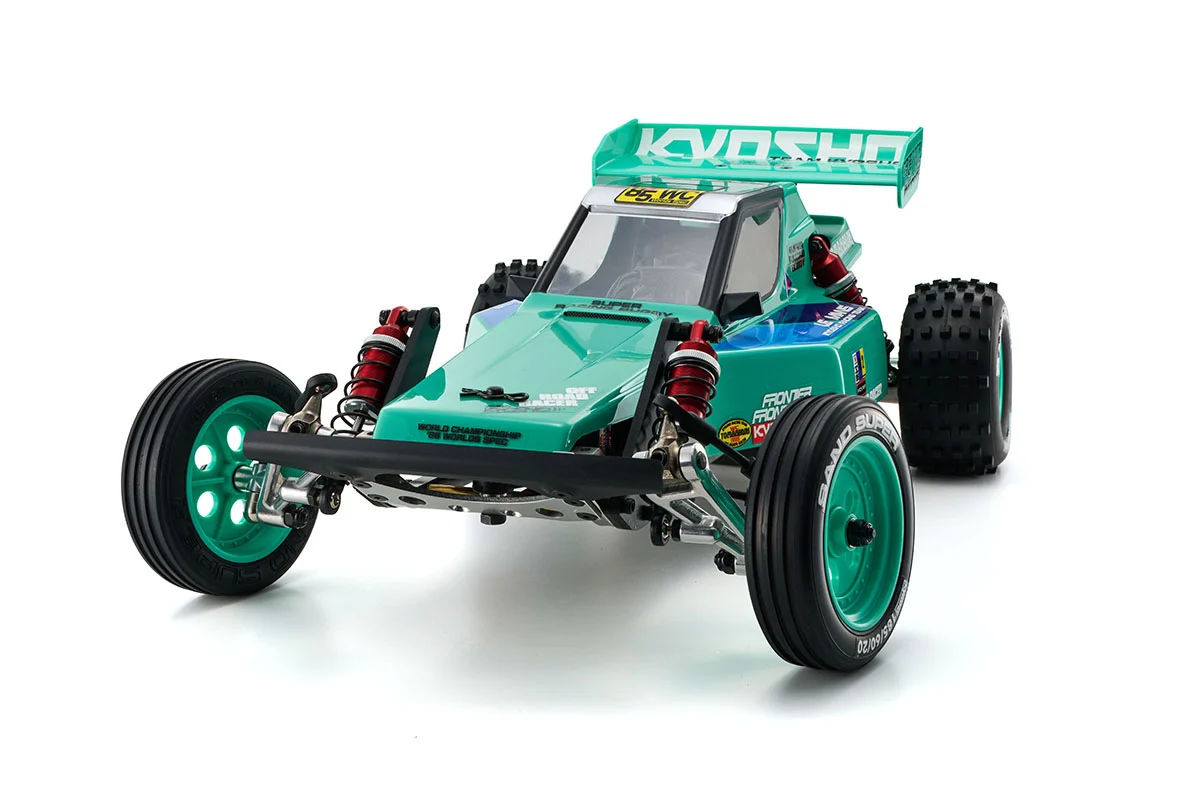Kyosho Tomahawk '85 WC Worlds Spec — fully built 1:10 2WD off-road buggy in peppermint green livery, front three-quarter studio shot