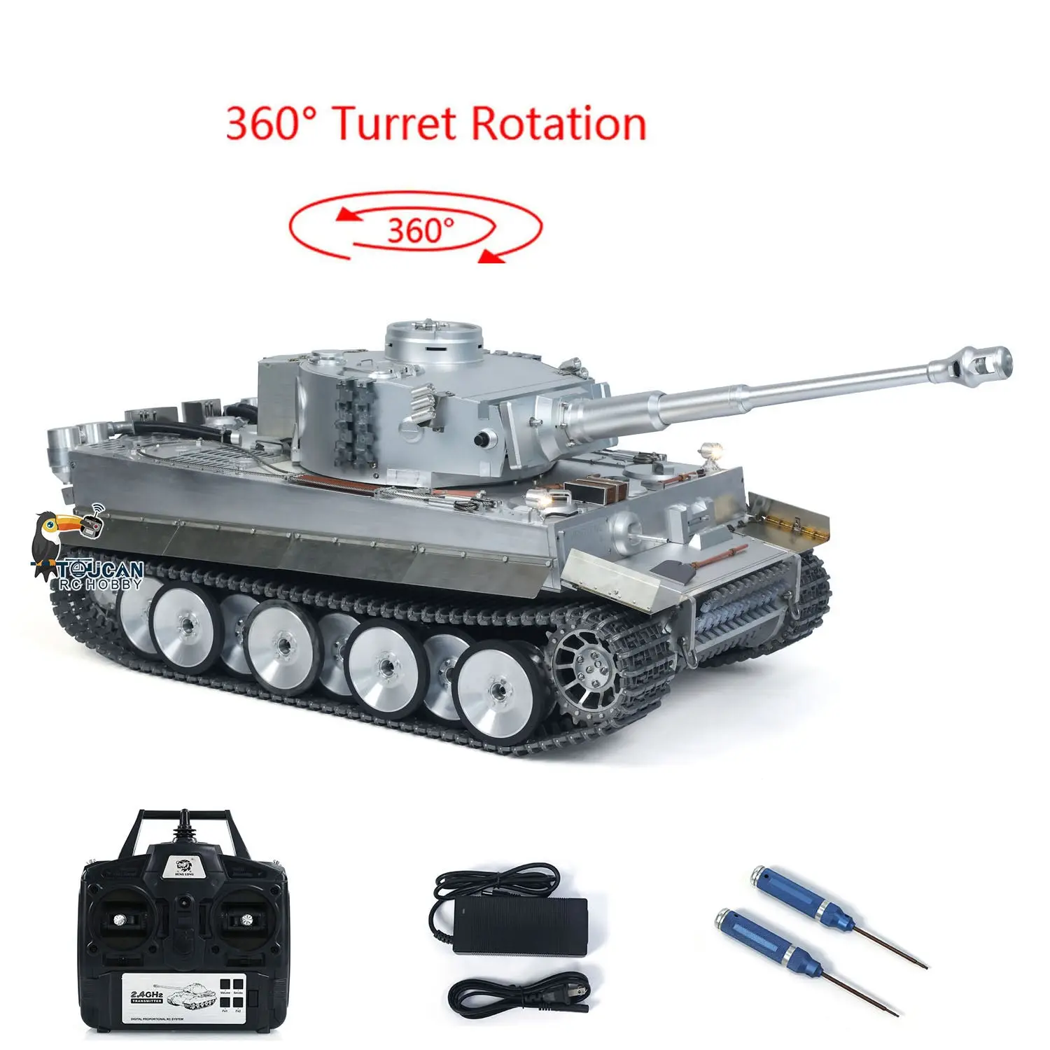 Henglong 1:8 Scale Full Metal German Tiger I RC Heavy Tank 3818 Track Wheel Barrel Recoil 360 Turret Smoke Unit Transmitter BB Firing Sound