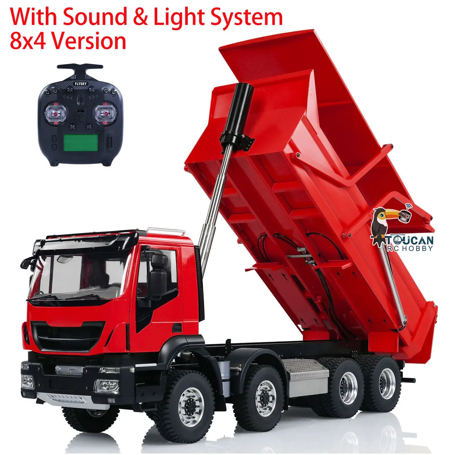 Metal 1/14 8x4 RC Tipper Truck Remote Control Hydraulic Dumper Lorry Car Model Flip-over Cover 2speed Transmission LED Lights Sound System
