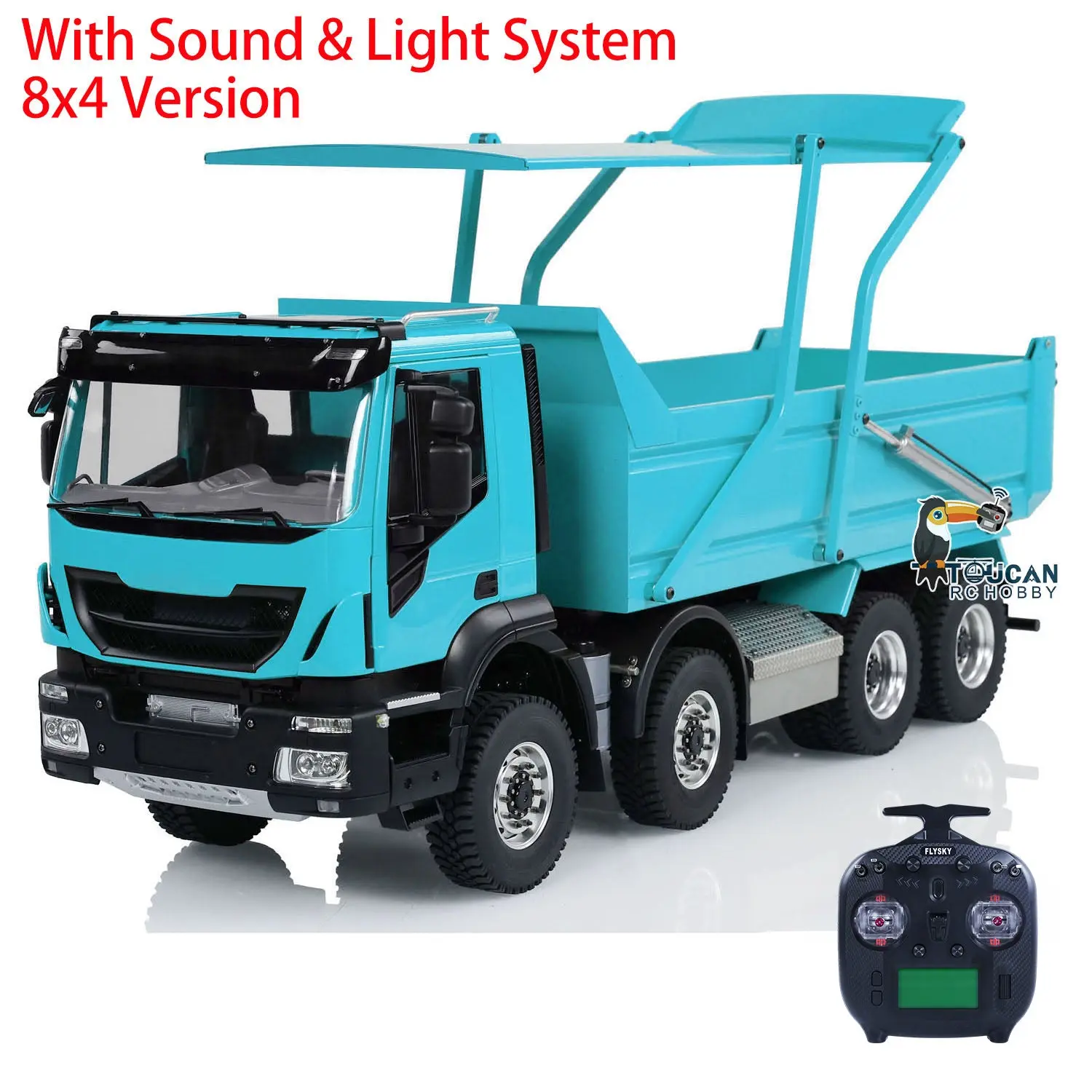 Metal 1/14 8x4 RC Tipper Truck Remote Control Hydraulic Dumper Lorry Car Model Flip-over Cover 2speed Transmission LED Lights Sound System