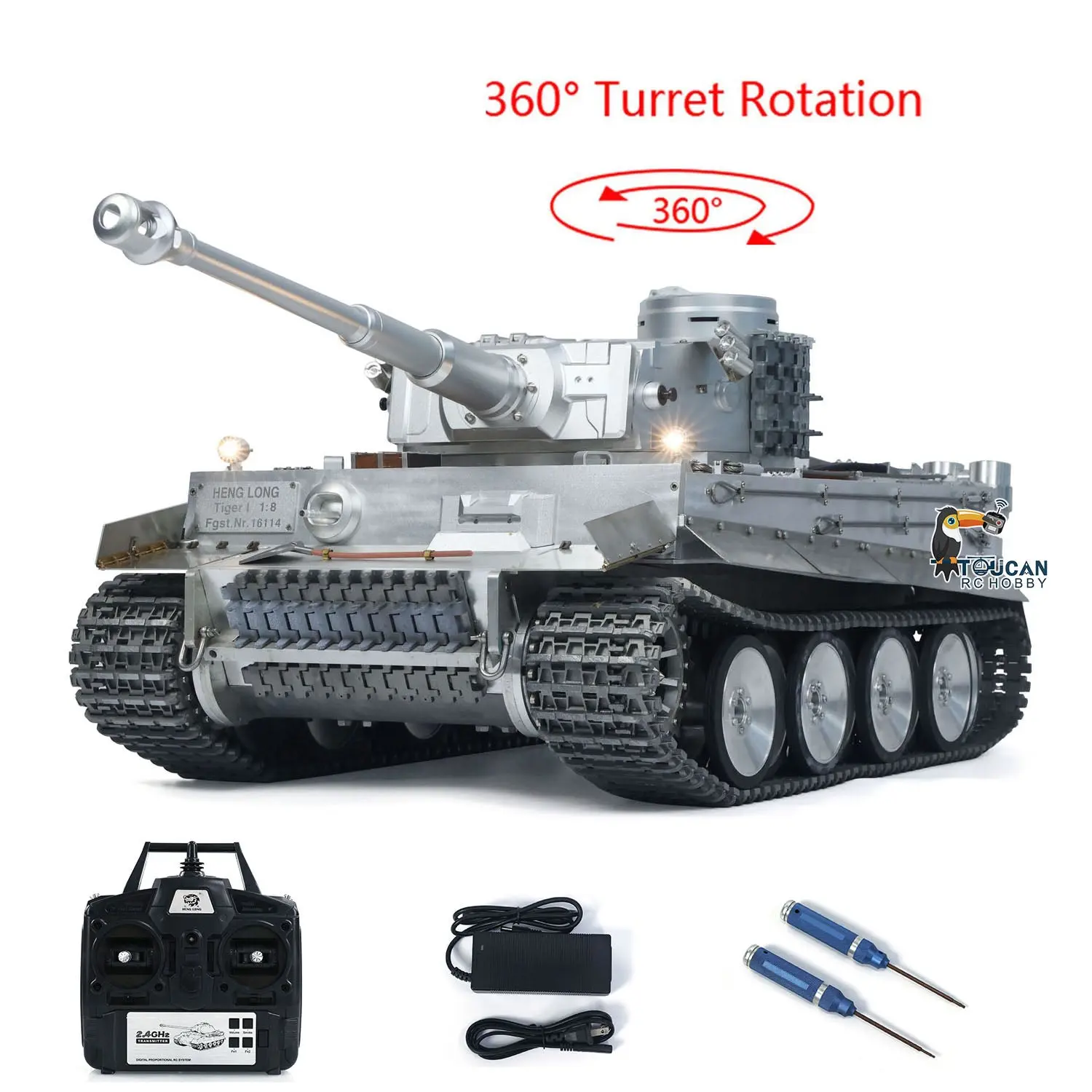 Henglong 1:8 Scale Full Metal German Tiger I RC Heavy Tank 3818 Track Wheel Barrel Recoil 360 Turret Smoke Unit Transmitter BB Firing Sound