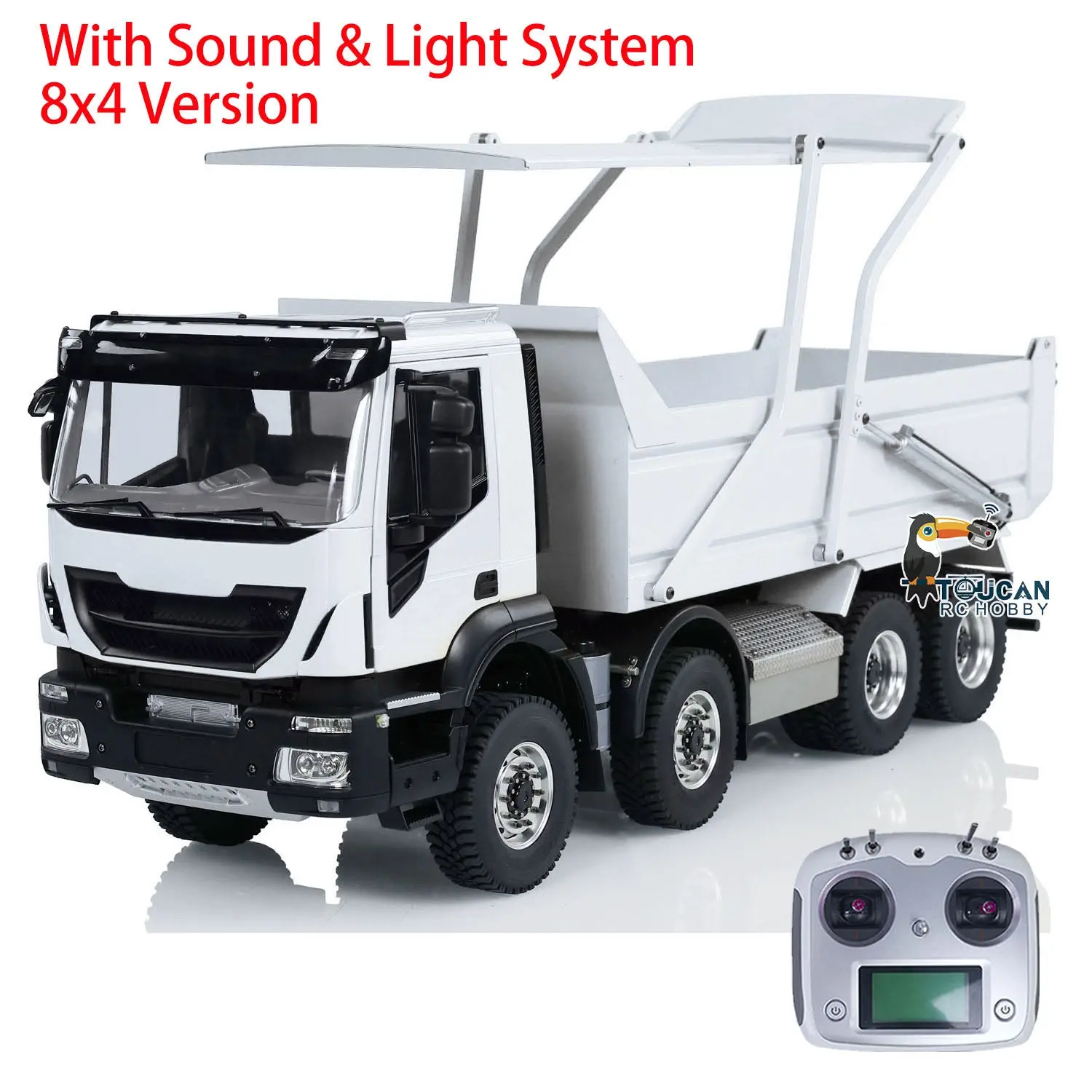 Metal 1/14 8x4 RC Tipper Truck Remote Control Hydraulic Dumper Lorry Car Model Flip-over Cover 2speed Transmission LED Lights Sound System