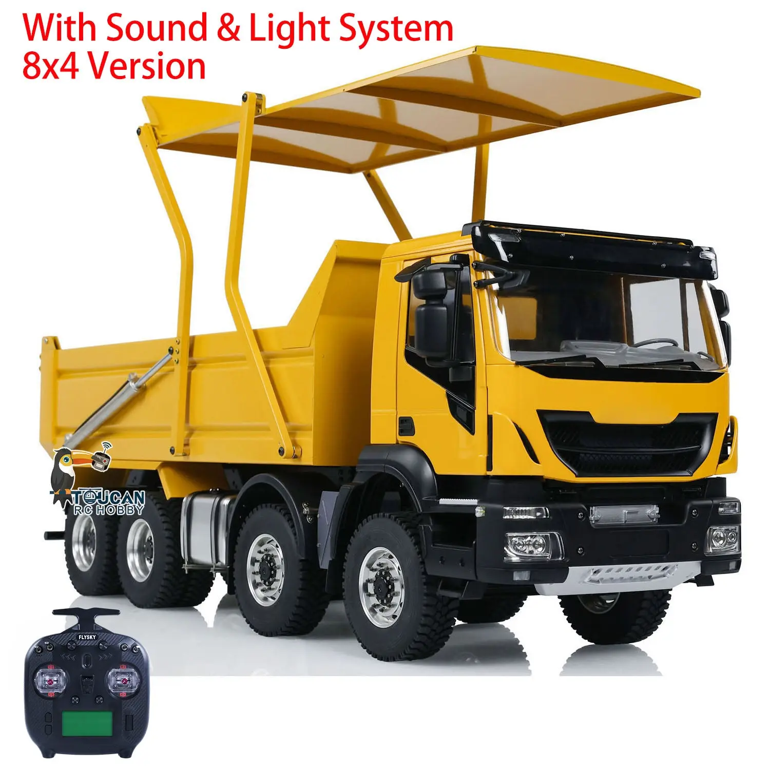 Metal 1/14 8x4 RC Tipper Truck Remote Control Hydraulic Dumper Lorry Car Model Flip-over Cover 2speed Transmission LED Lights Sound System