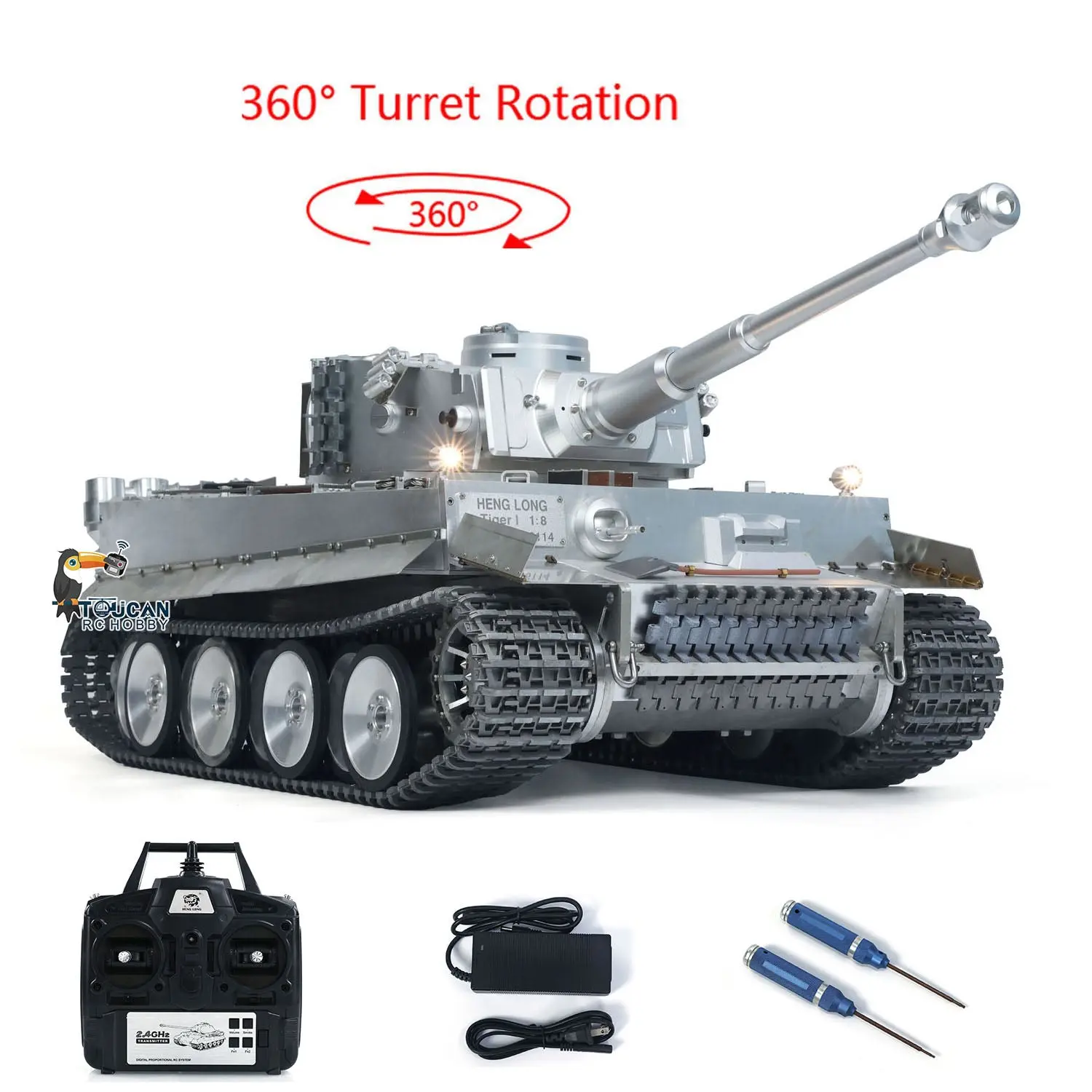 Henglong 1:8 Scale Full Metal German Tiger I RC Heavy Tank 3818 Track Wheel Barrel Recoil 360 Turret Smoke Unit Transmitter BB Firing Sound