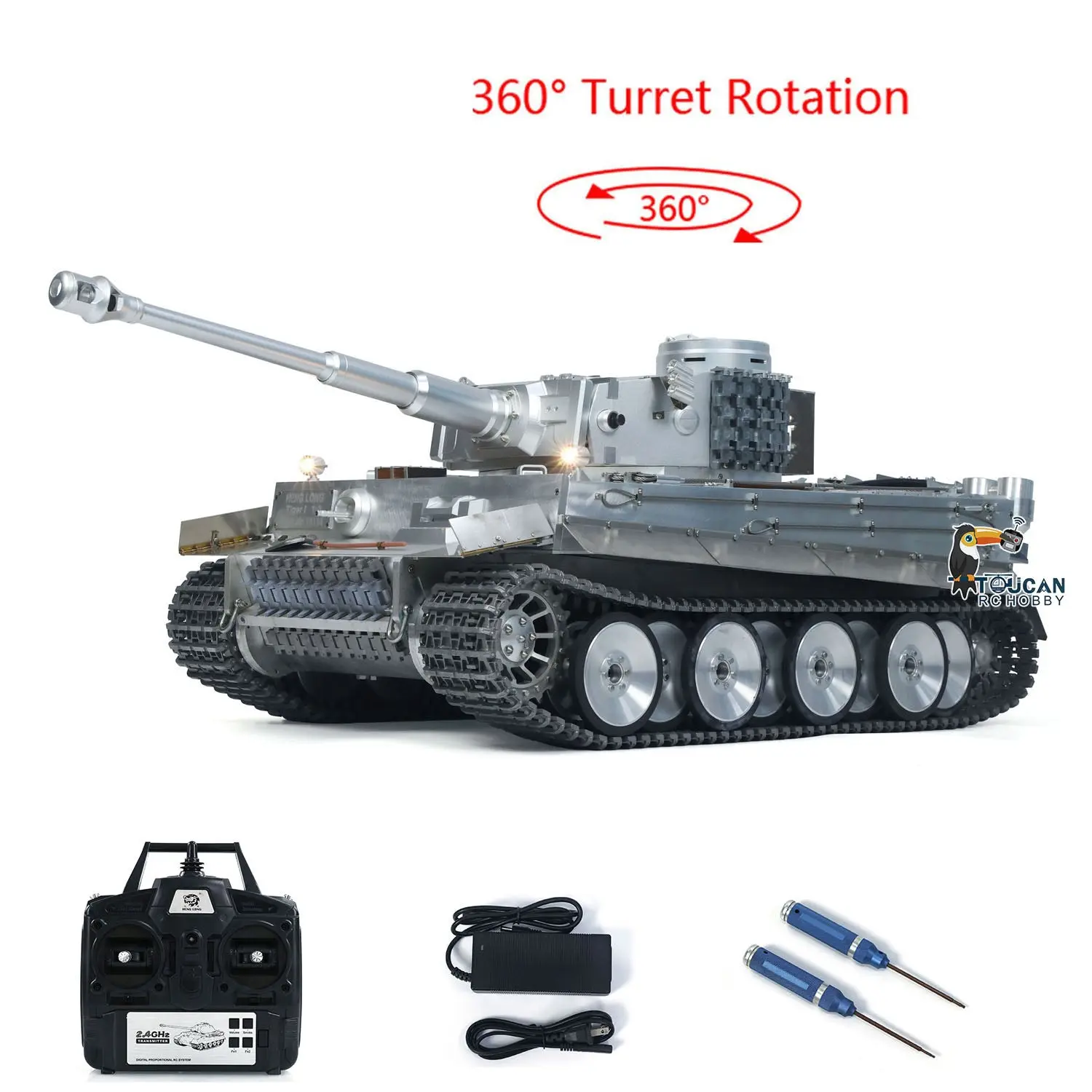 Henglong 1:8 Scale Full Metal German Tiger I RC Heavy Tank 3818 Track Wheel Barrel Recoil 360 Turret Smoke Unit Transmitter BB Firing Sound