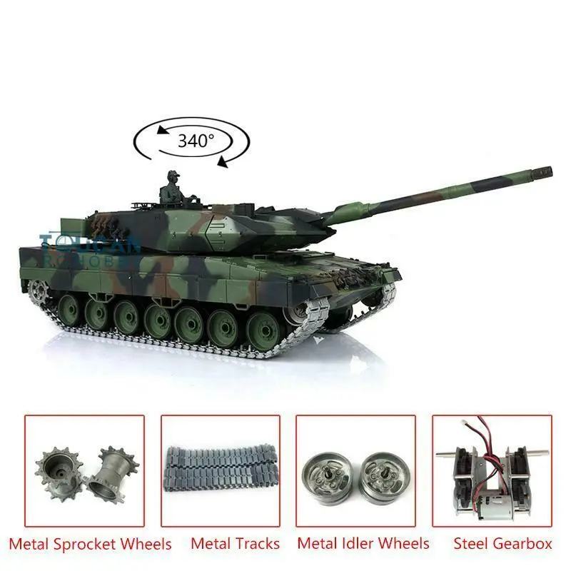 Henglong 1/16 Scale 7.0 Upgraded German Leopard2A6 340 Degree Turret Metal Tracks Sound Smoke RTR RC Tank 3889 Model