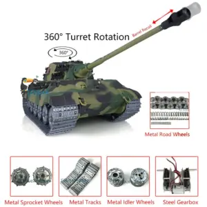 Henglong 1/16 RC Tank 3888A 7.0 King Tiger Remote Control Tank w/ 360Degrees Rotating Turret Metal Road Wheel Barrel Recoil Engine Sound