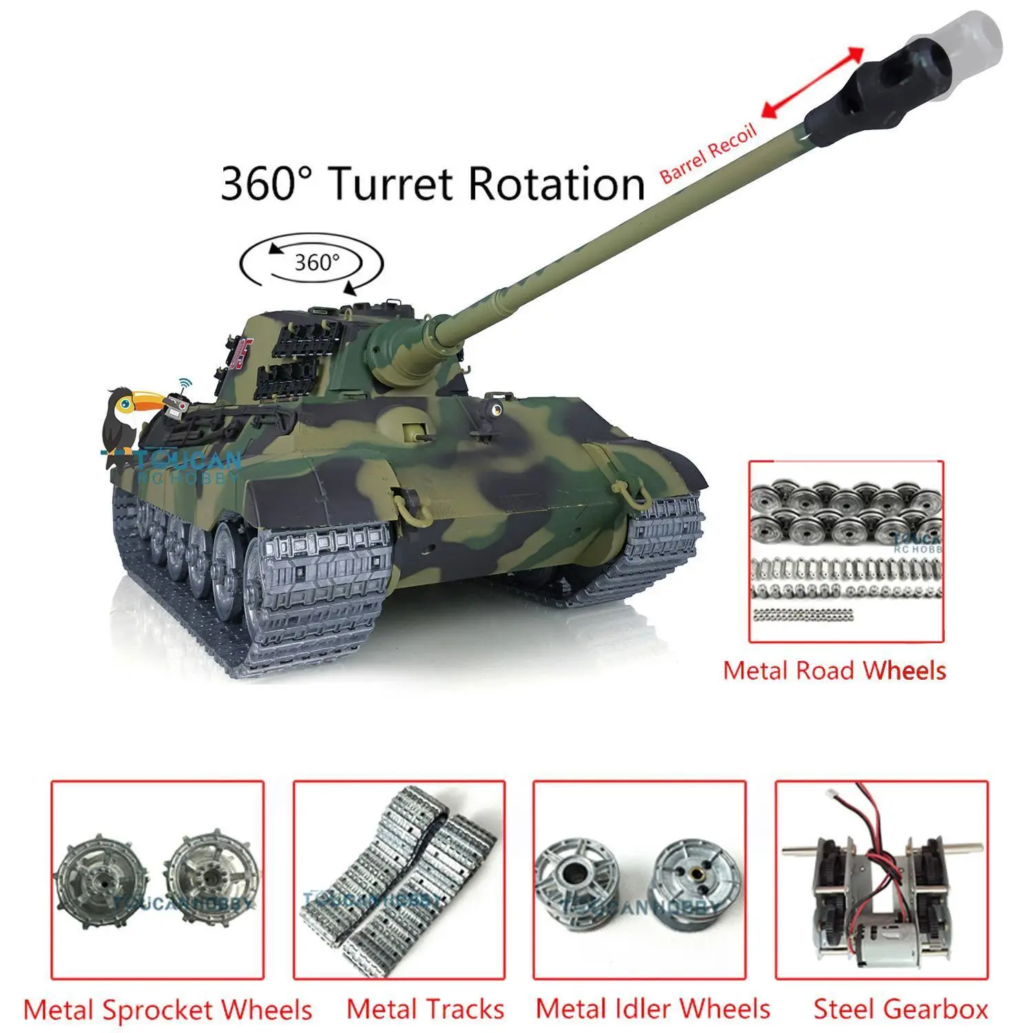 Henglong 1/16 RC Tank 3888A 7.0 King Tiger Remote Control Tank w/ 360Degrees Rotating Turret Metal Road Wheel Barrel Recoil Engine Sound