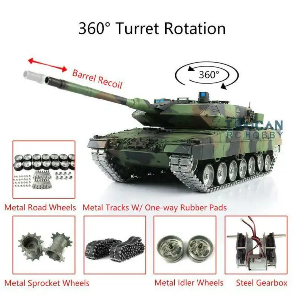 Henglong 1:16 7.0 German Leopard2A6 RTR RC Tank 3889 Barrel Recoil Metal Tracks W/Rubbers Pads Remote Control Model