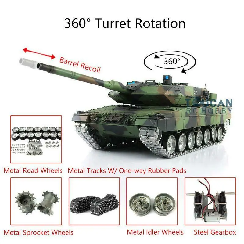 Henglong 1:16 7.0 German Leopard2A6 RTR RC Tank 3889 Barrel Recoil Metal Tracks W/Rubbers Pads Remote Control Model