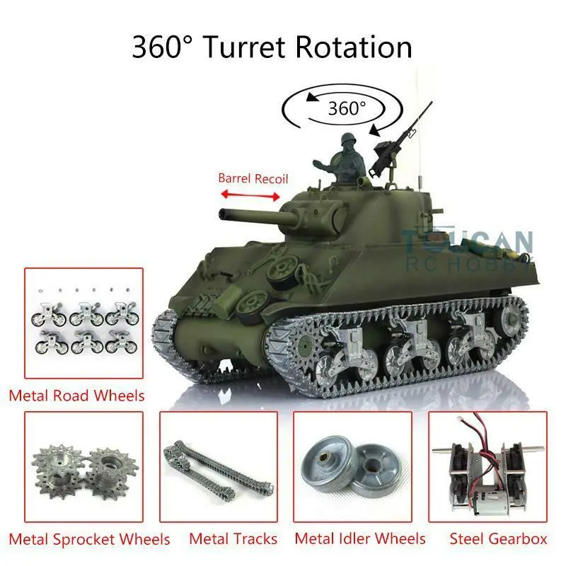 Henglong 1/16 7.0 M4A3 Sherman RC Tank 3898 Barrel Recoil 360 Degree grees Turret Metal Tracks Idlers Sprockets Road Wheels