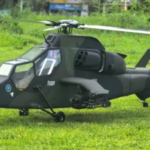 FLISHRC Tiger 700-size scale RC helicopter in green and black camouflage, side profile on grass
