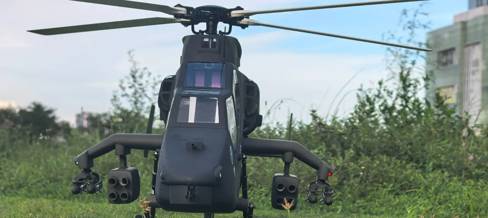 Nose-on view of the FLISHRC Tiger 700 RC helicopter showing rocket pods and missile rails on both stub wings