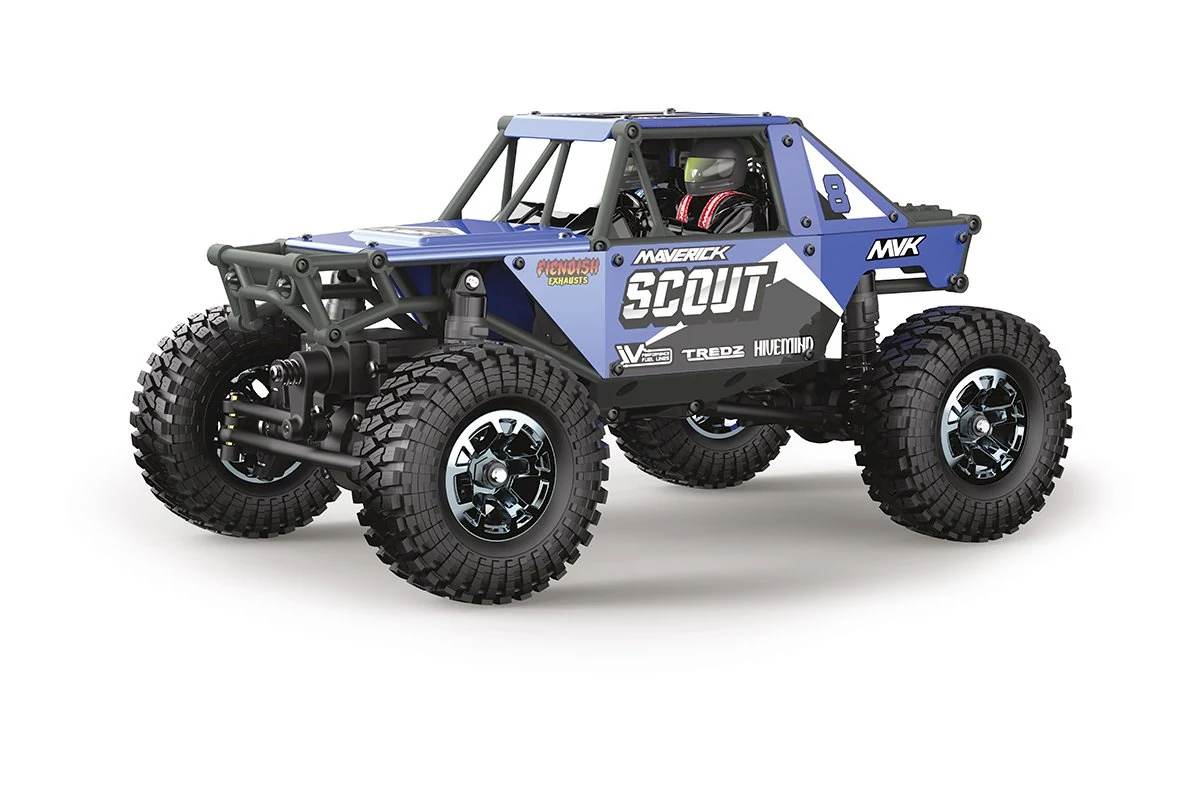 Maverick Scout-24 1/24 scale RTR rock crawler, blue bodyshell, three-quarter front view