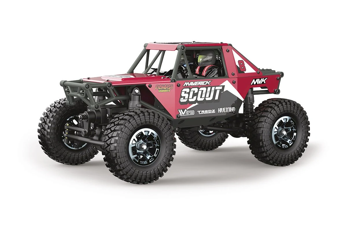 Maverick Scout-24 1/24 scale RTR rock crawler, red bodyshell, three-quarter front view