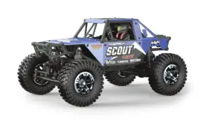 Maverick Scout-24 Flux 1/24 scale brushless RTR rock crawler, blue bodyshell, three-quarter front view