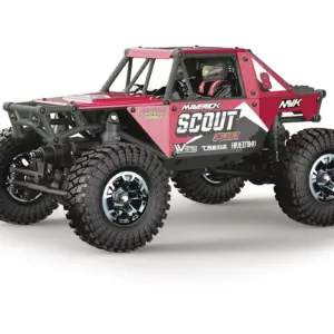 Maverick Scout-24 Flux 1/24 scale brushless RTR rock crawler, red bodyshell, three-quarter front view