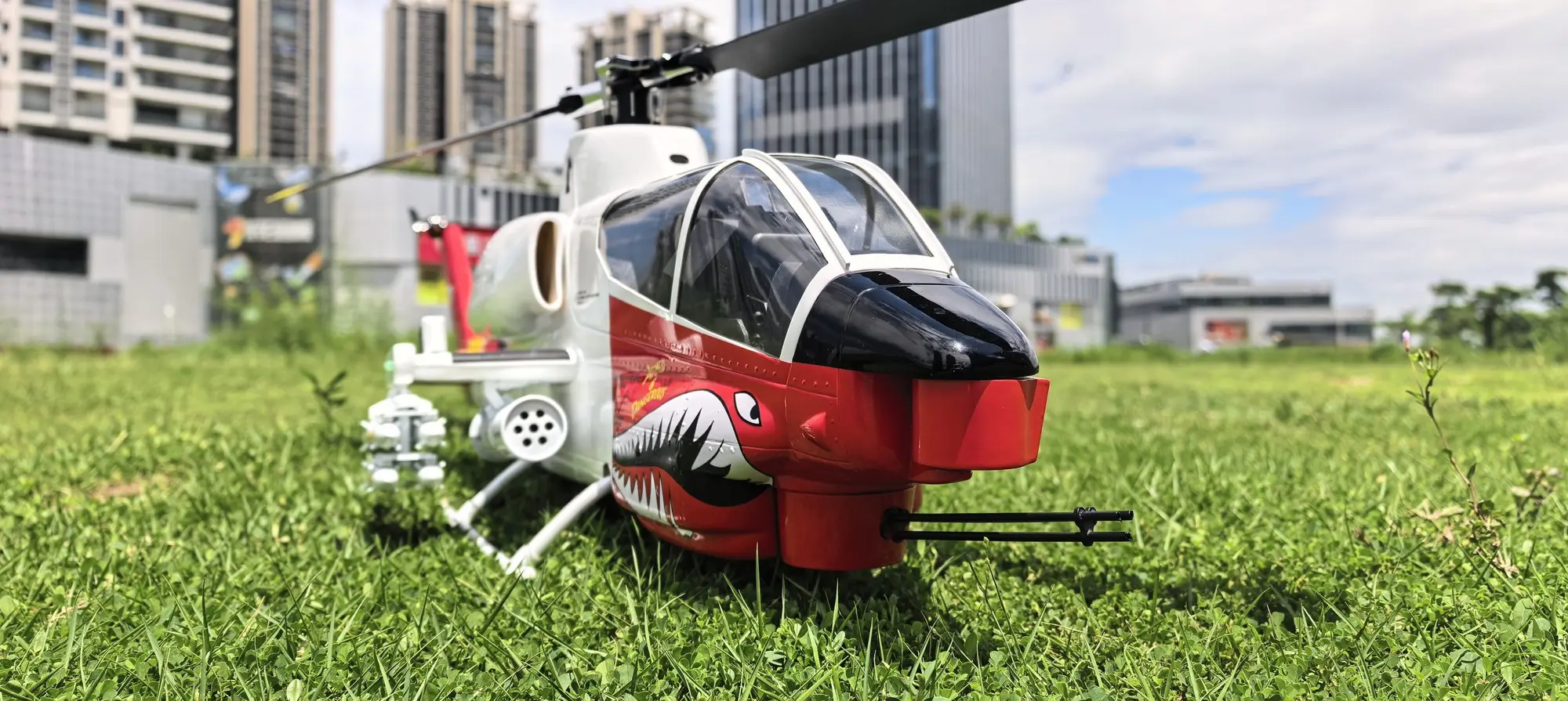 FLISHRC AH-1 Cobra white and red 500-size scale RC helicopter ready to fly on an open field