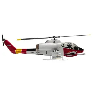 FLISHRC AH-1 Cobra 500-size scale RC helicopter in white and red shark-mouth livery, full side profile on a white background