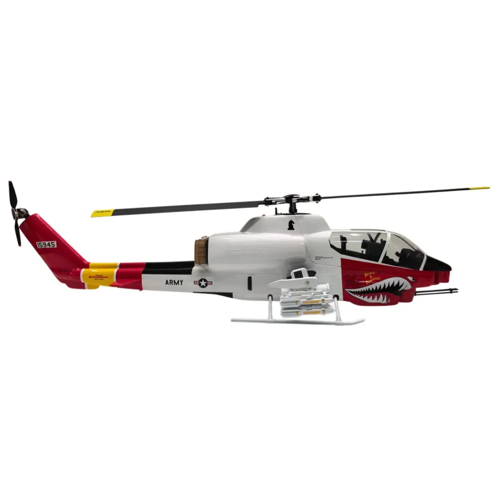 FLISHRC AH-1 Cobra 500-size scale RC helicopter in white and red shark-mouth livery, full side profile on a white background