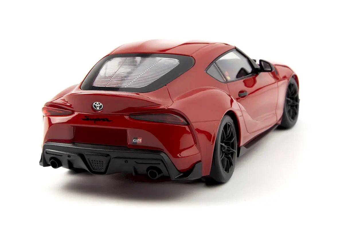 Rear three-quarter view of the HPI Stage-D24 Toyota GR Supra in Prominence Red