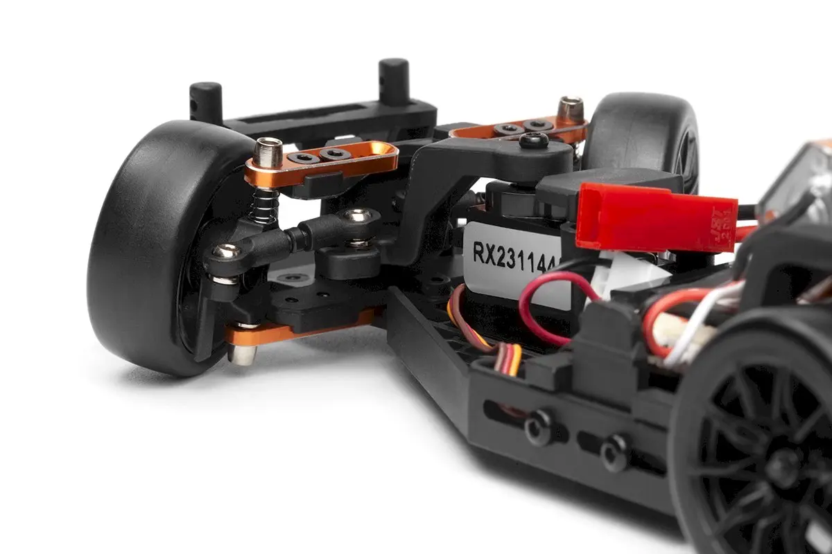 Close-up of the HPI Stage-D24 front suspension and steering