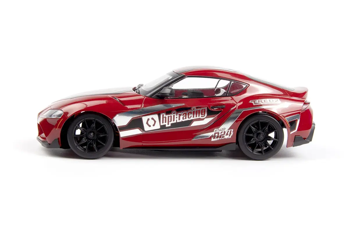 Side view of the red HPI Stage-D24 GR Supra with hpi racing drift decals