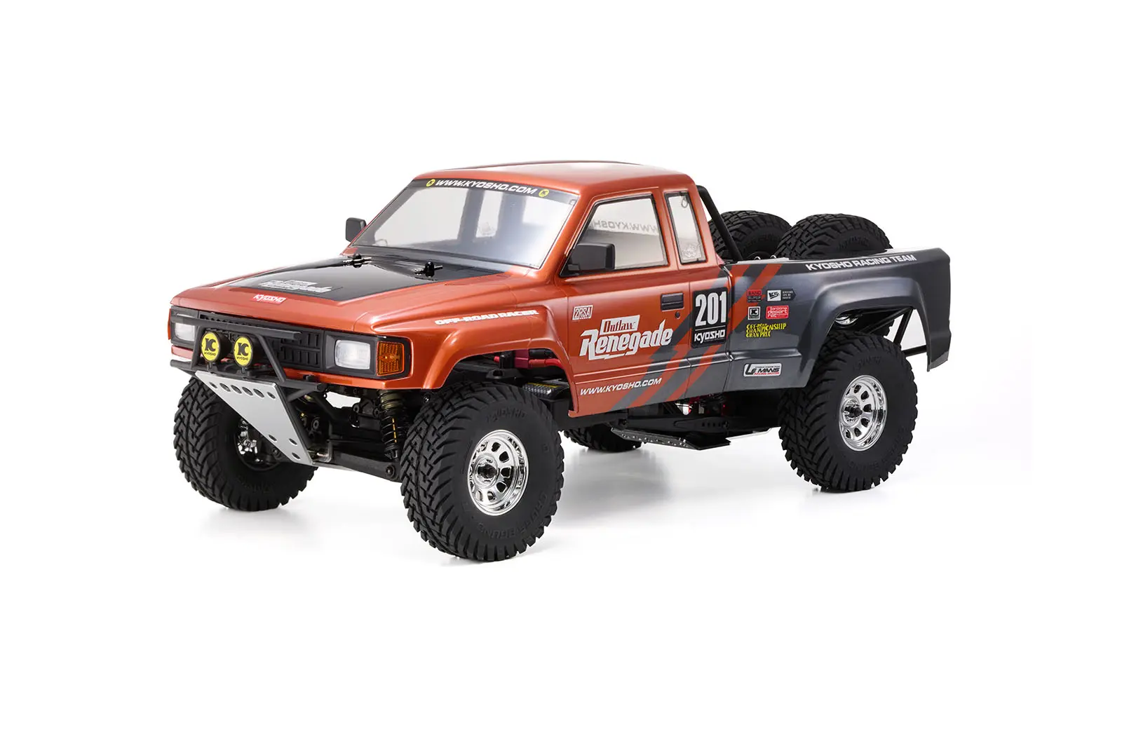 Kyosho Outlaw Renegade 1:10 2WD pickup truck with an orange and grey body, front three-quarter view on white