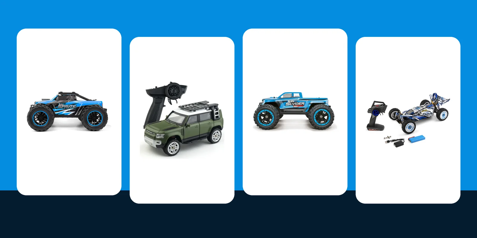 Four RC cars for children: Blackzon Spryte, SG 2402 Land Rover crawler, Blackzon Slyder and WLToys 124017