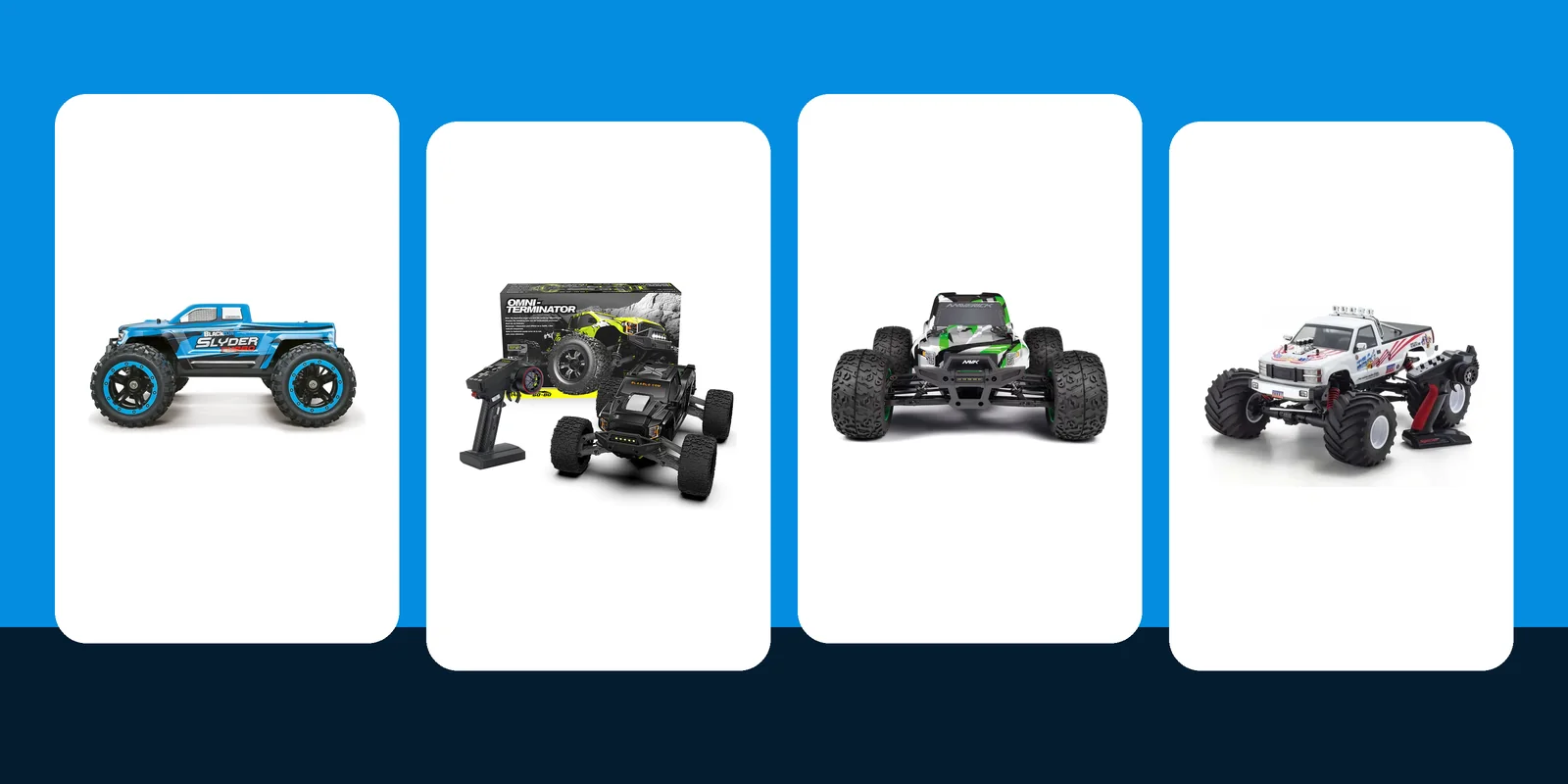 Four RC monster trucks: Blackzon Slyder, Rlaarlo Omni-Terminator, Maverick Quantum2 MT Flux and Kyosho USA-1