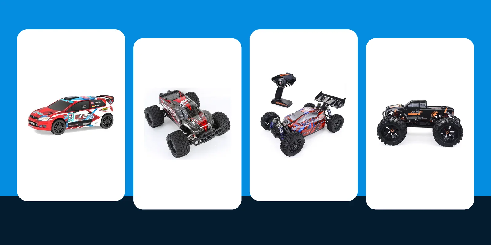 Four fast brushless RC cars: ZD Racing RX12, HOSHI N518, ZD Racing BX-8E and ZD Racing MT8