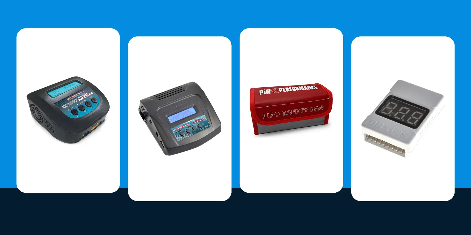 LiPo charging kit: two Etronix PowerPal balance chargers, a LiPo safety bag and a cell voltage checker