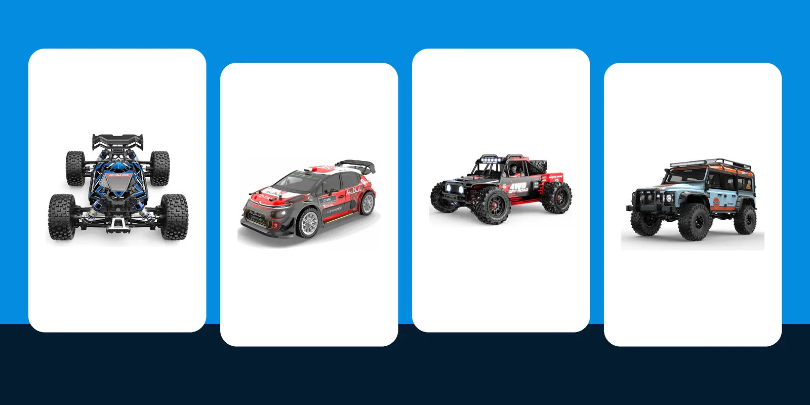 Four MJX Hyper Go models: 16207 buggy, 14303 rally car, 14209 truck and H8H crawler